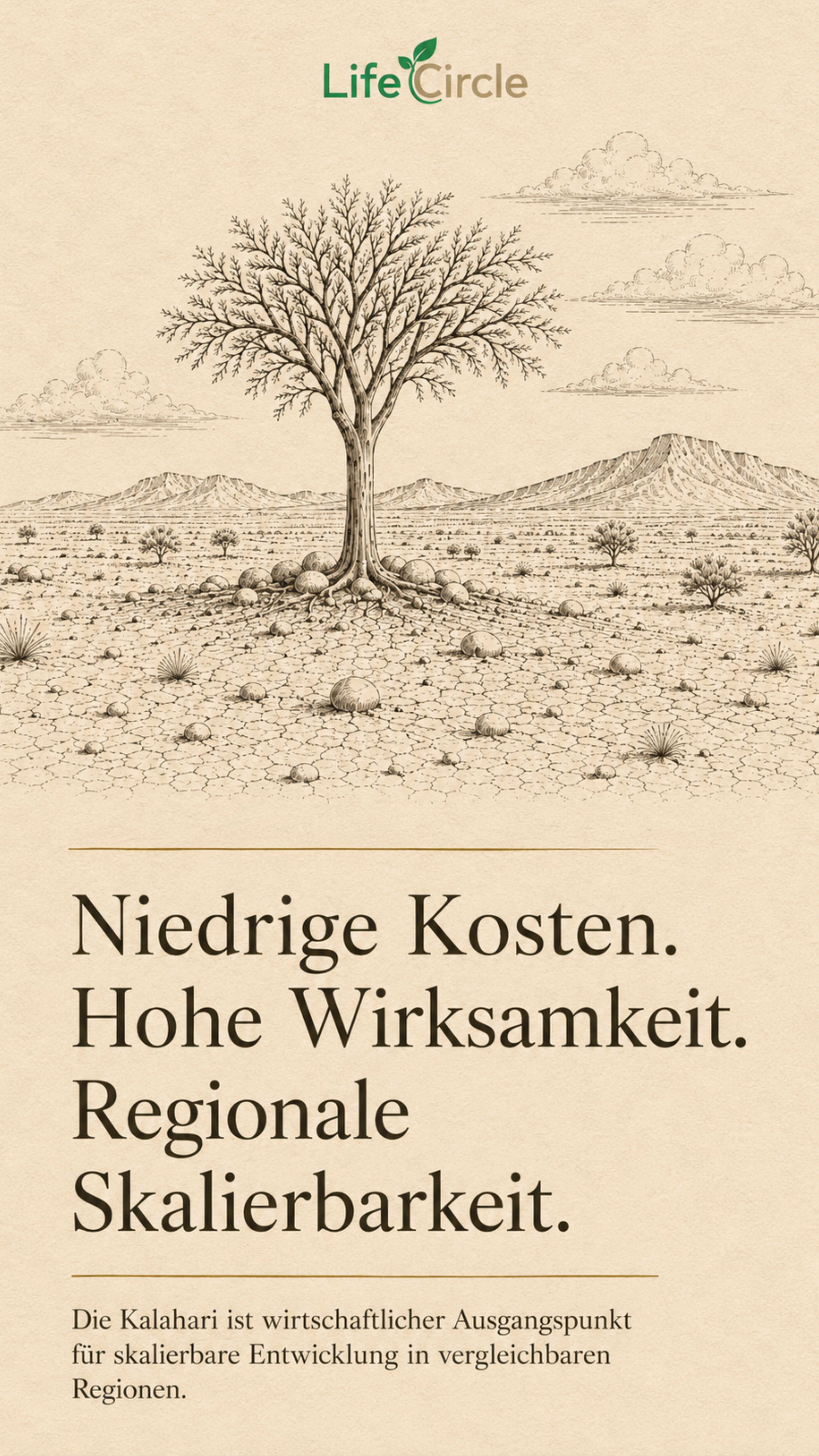 Kalahari-Baum mit Wurzelsystem — niedrige Kosten, hohe Wirksamkeit, regionale Skalierbarkeit
