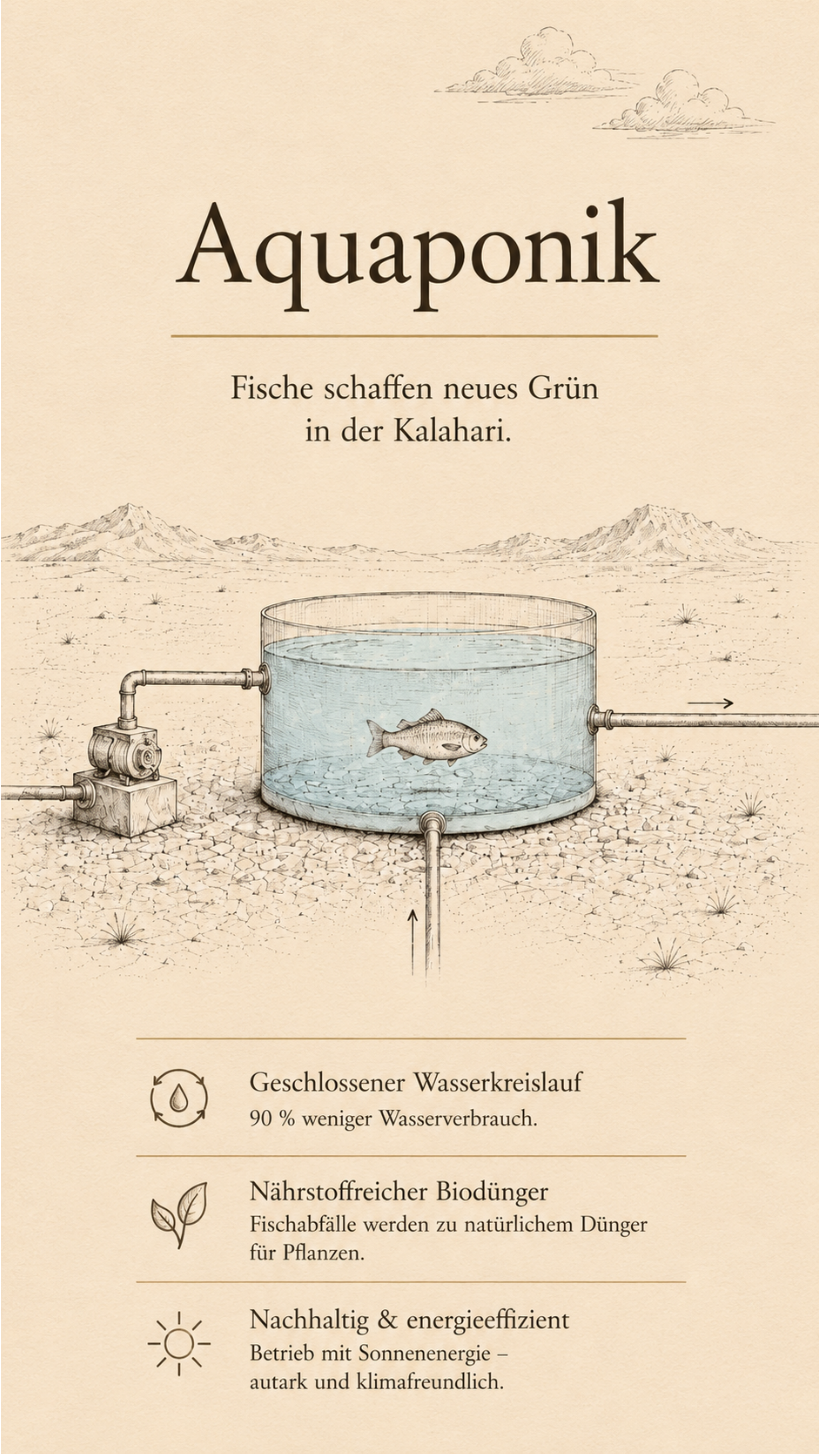 Aquaponik-Tankdiagramm mit Fisch und Bewässerungspumpe in der Wüste