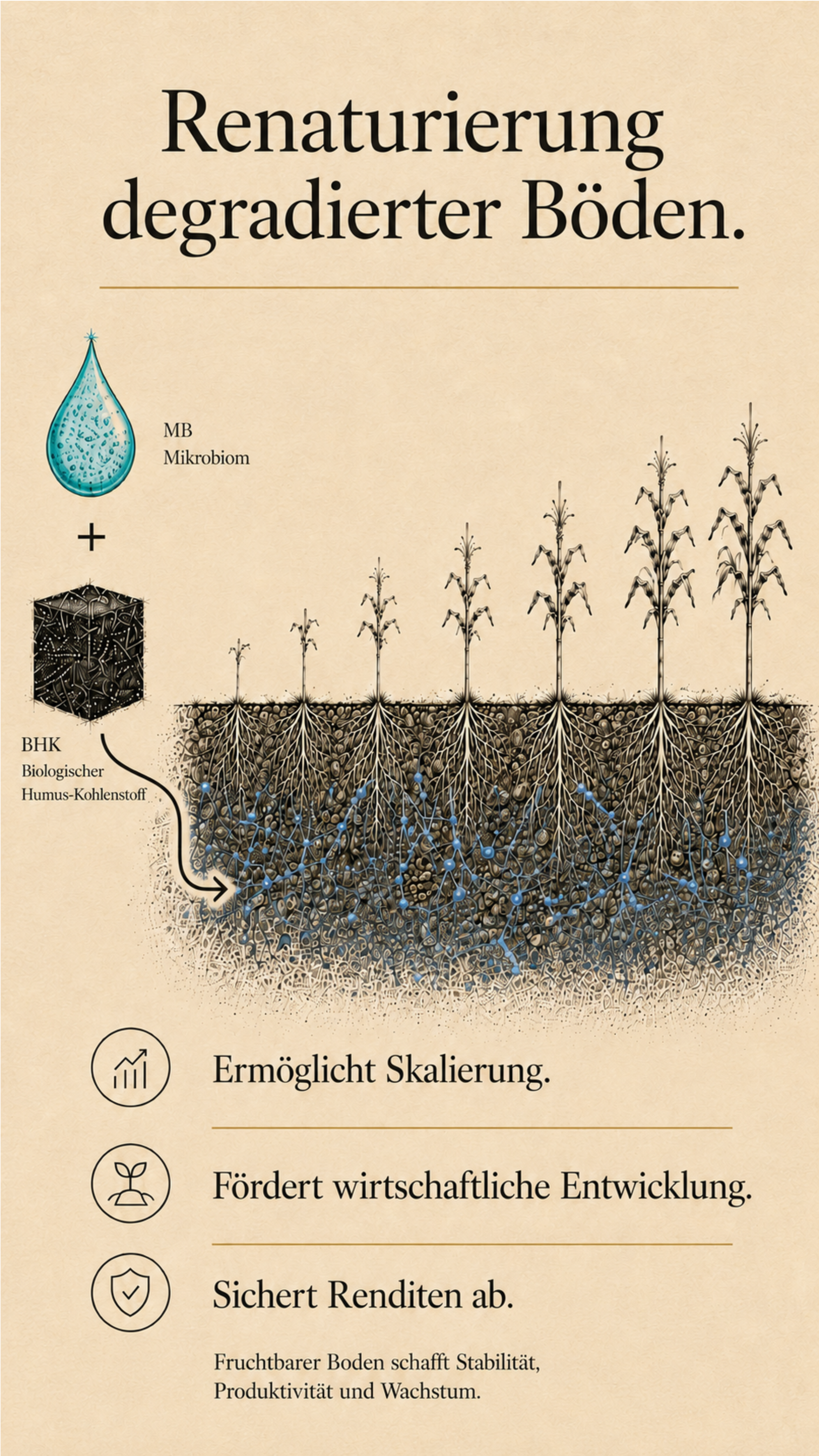 Diagramm von Mikrobiom und Biochar, die fruchtbaren Boden unter Maiswurzeln aufbauen