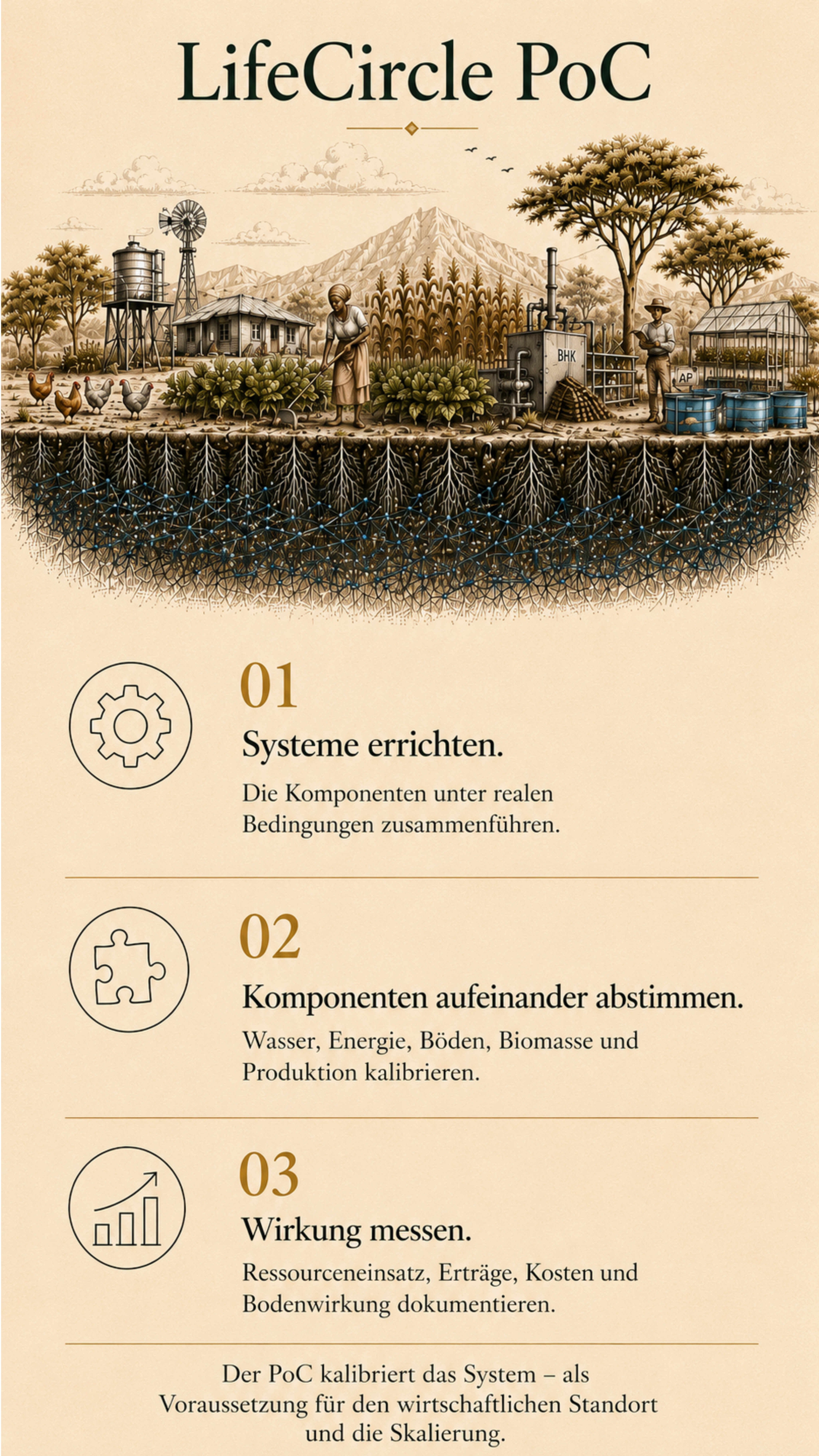 Illustration des Life-Circle-PoC mit BHK, Aquaponik, Feldern und lebendigem Bodennetzwerk