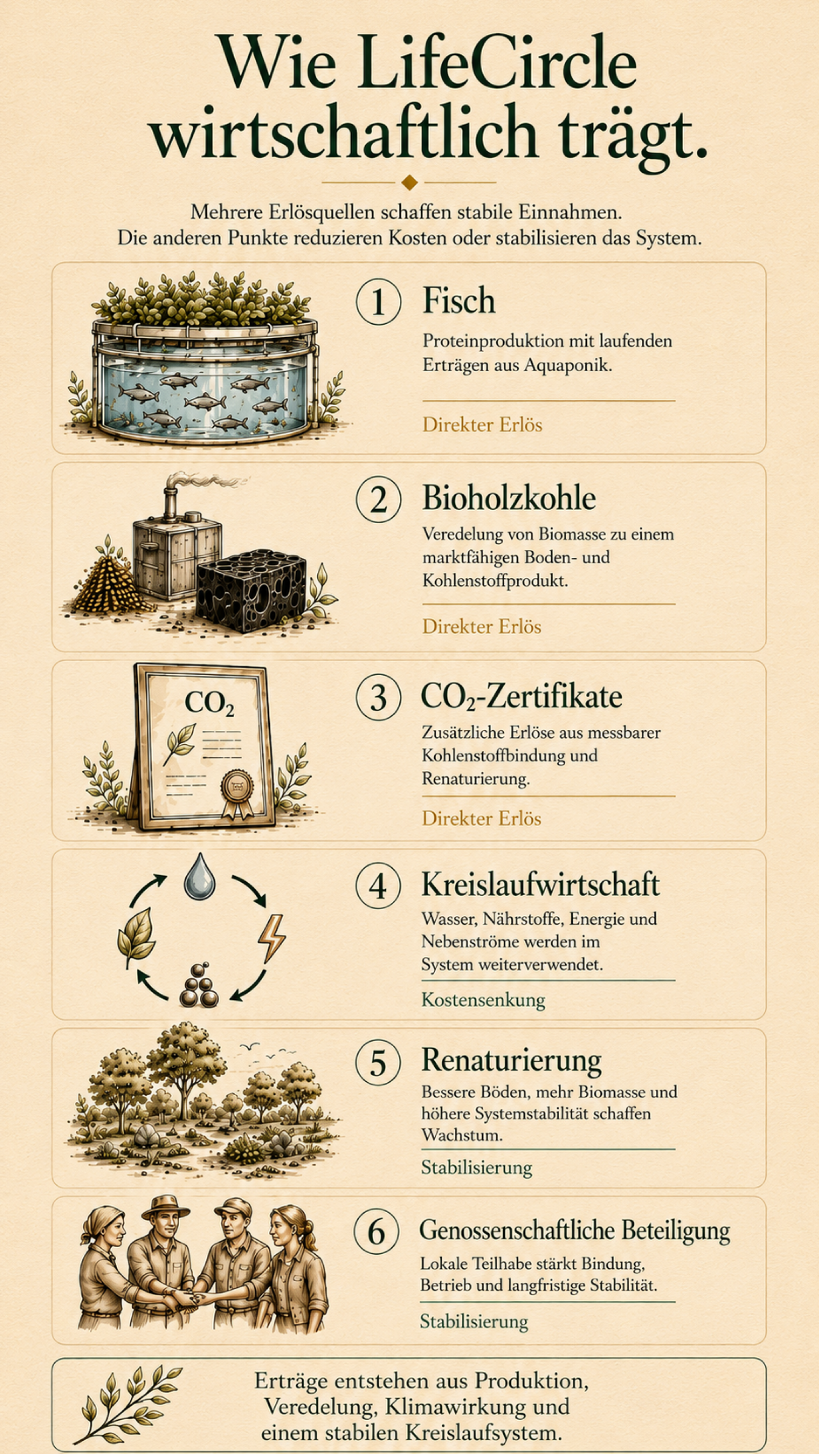 Sechs Erlösquellen: Fisch, Bioholzkohle, CO₂-Zertifikate, Kreislaufwirtschaft, Renaturierung und genossenschaftliche Beteiligung