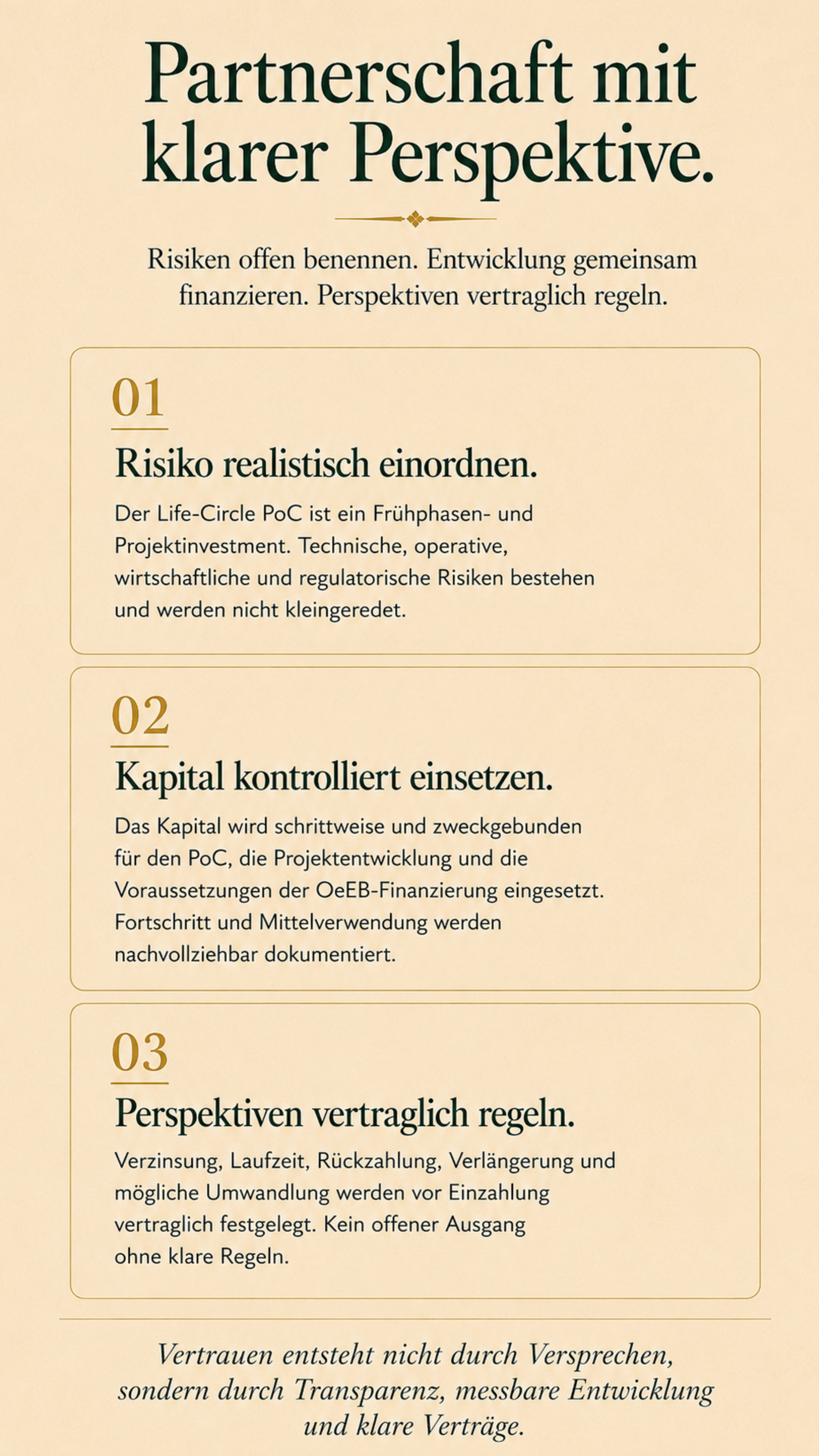 Drei Partnerschaftsprinzipien: Risiko einordnen, Kapital kontrolliert einsetzen, Perspektiven vertraglich regeln