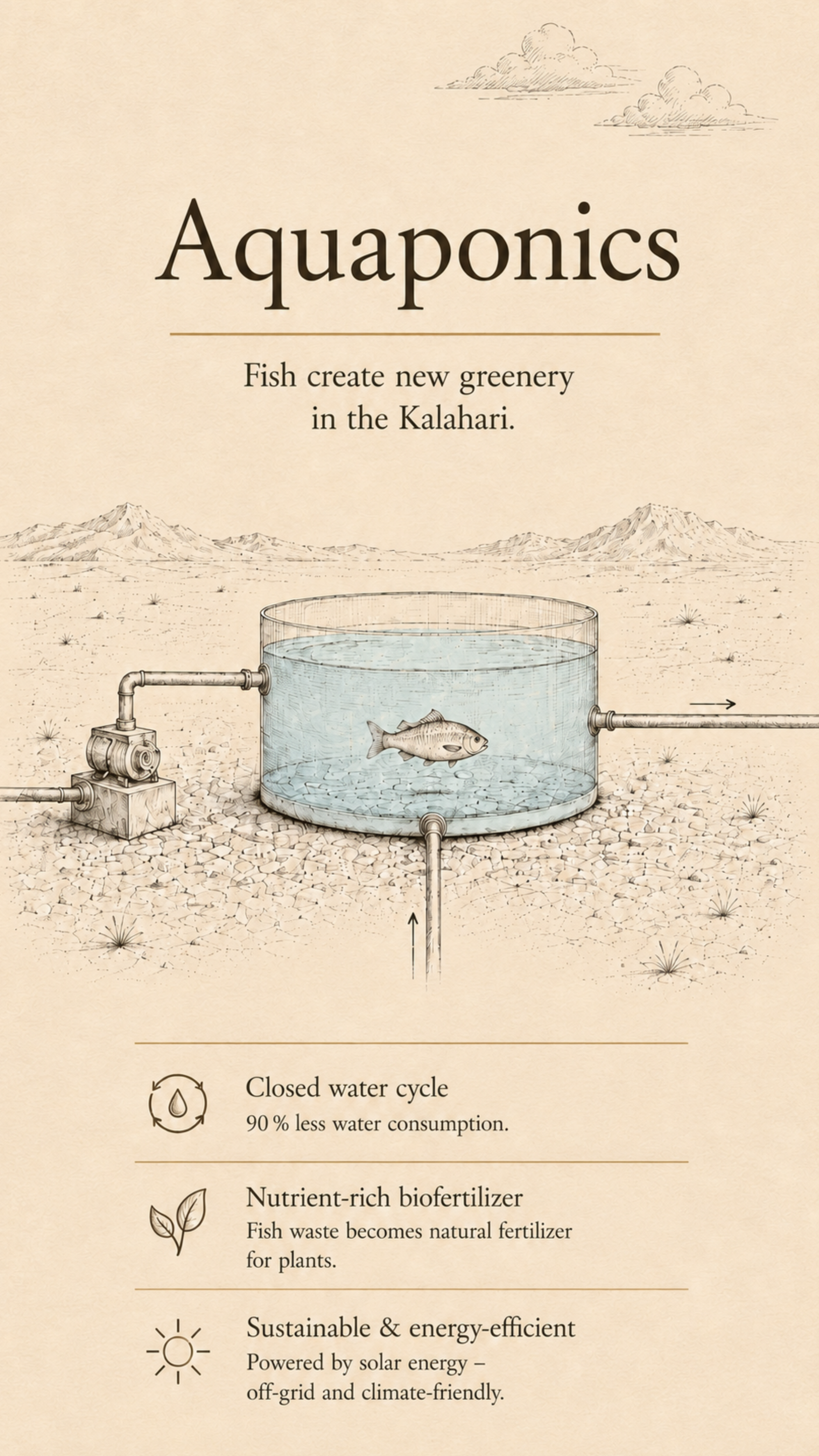 Aquaponics tank diagram with fish and irrigation pump in the desert