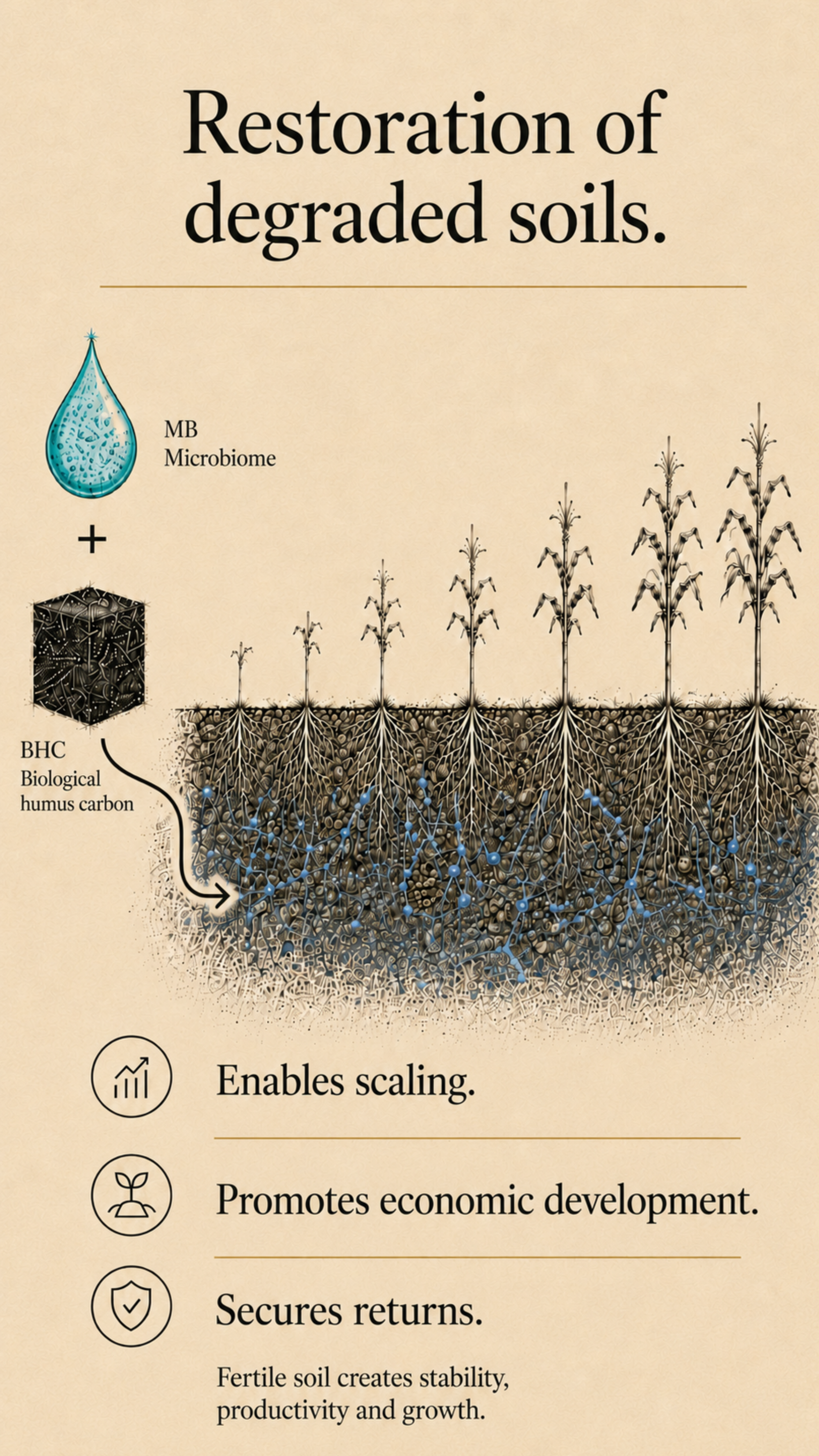 Diagram of microbiome and biochar rebuilding fertile soil beneath maize roots