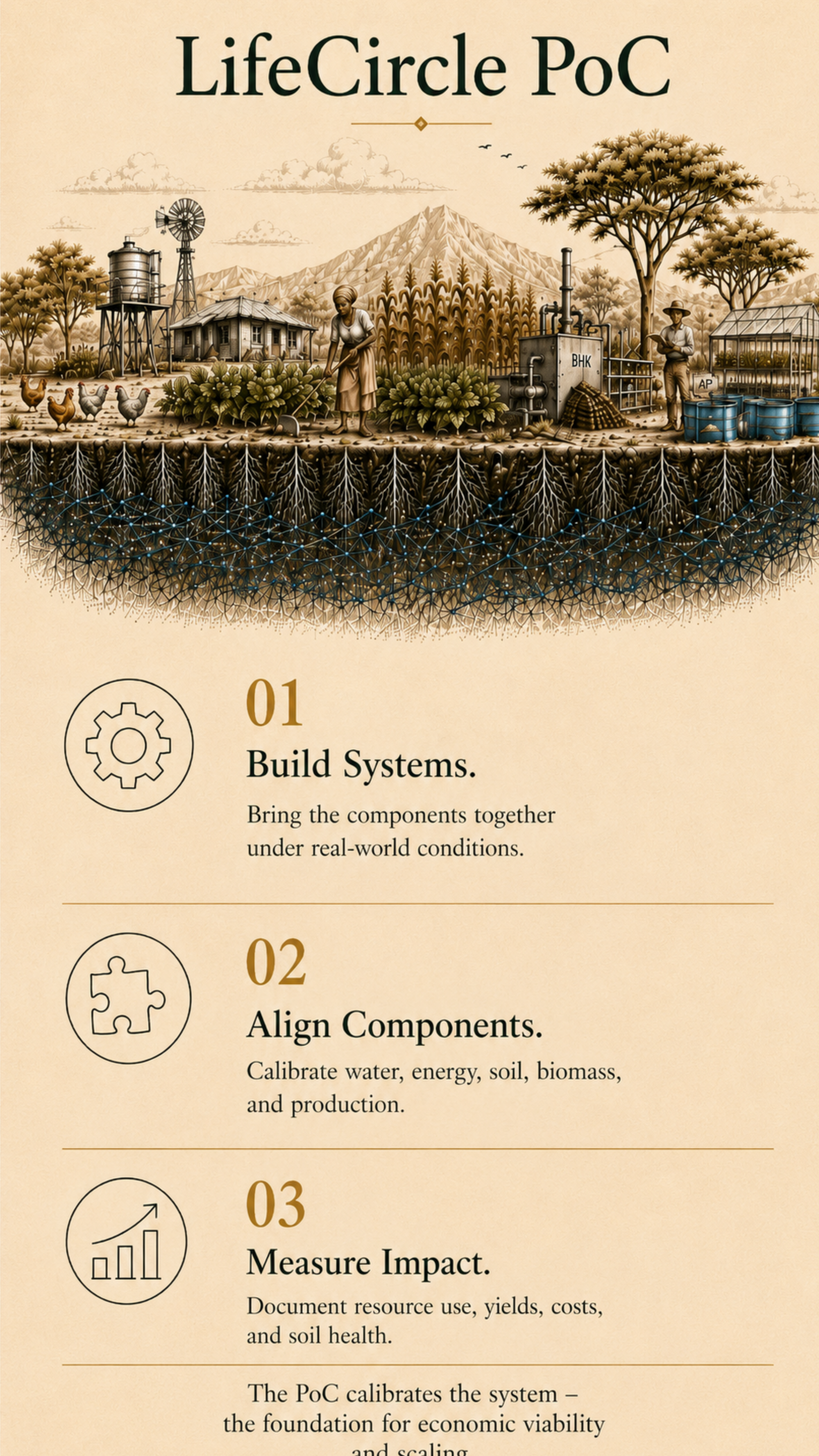 Illustrated Life-Circle PoC with BHK, aquaponics, crops and a living soil network