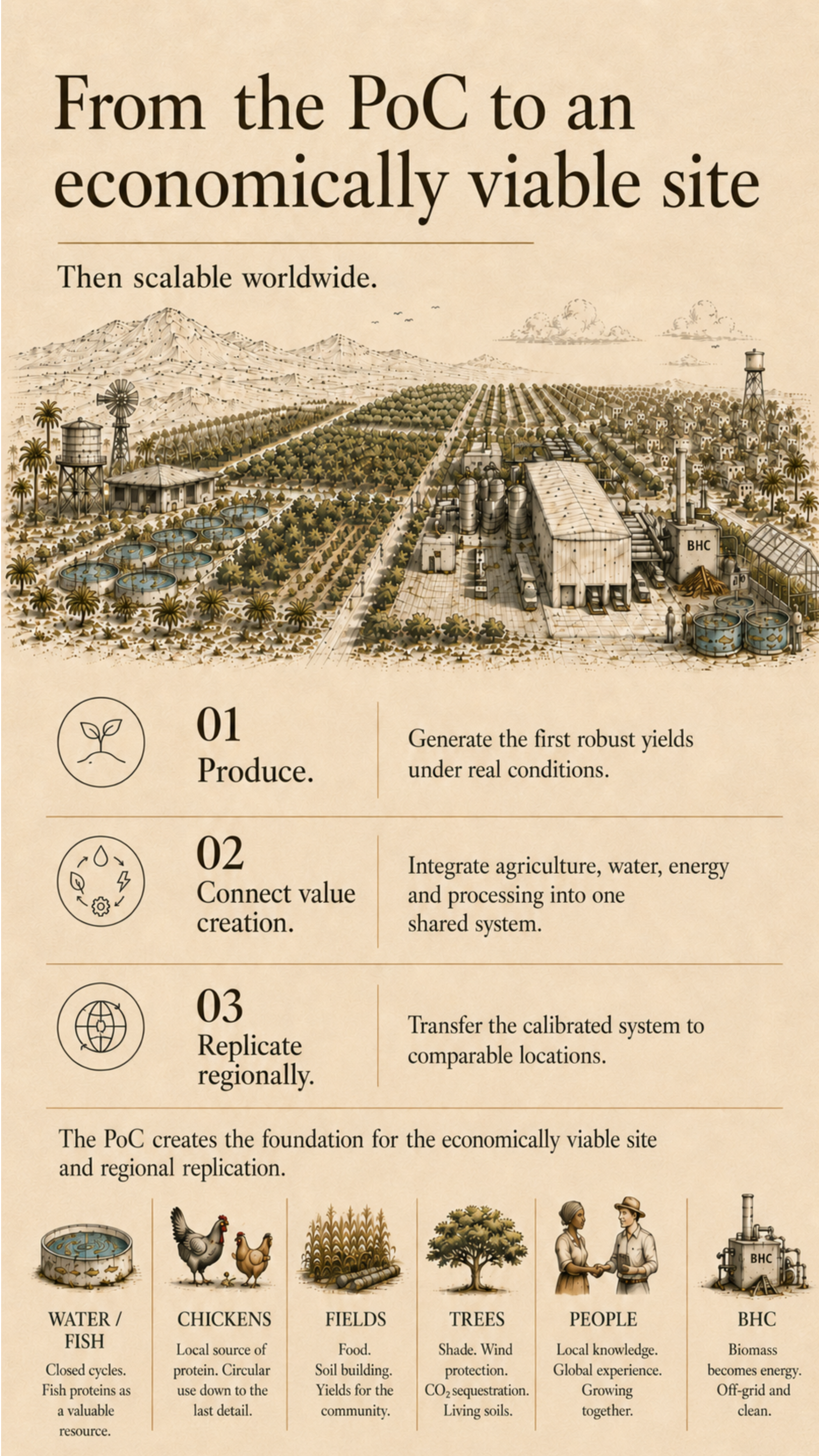 Life-Circle site with water, poultry, fields, trees, people and BHK