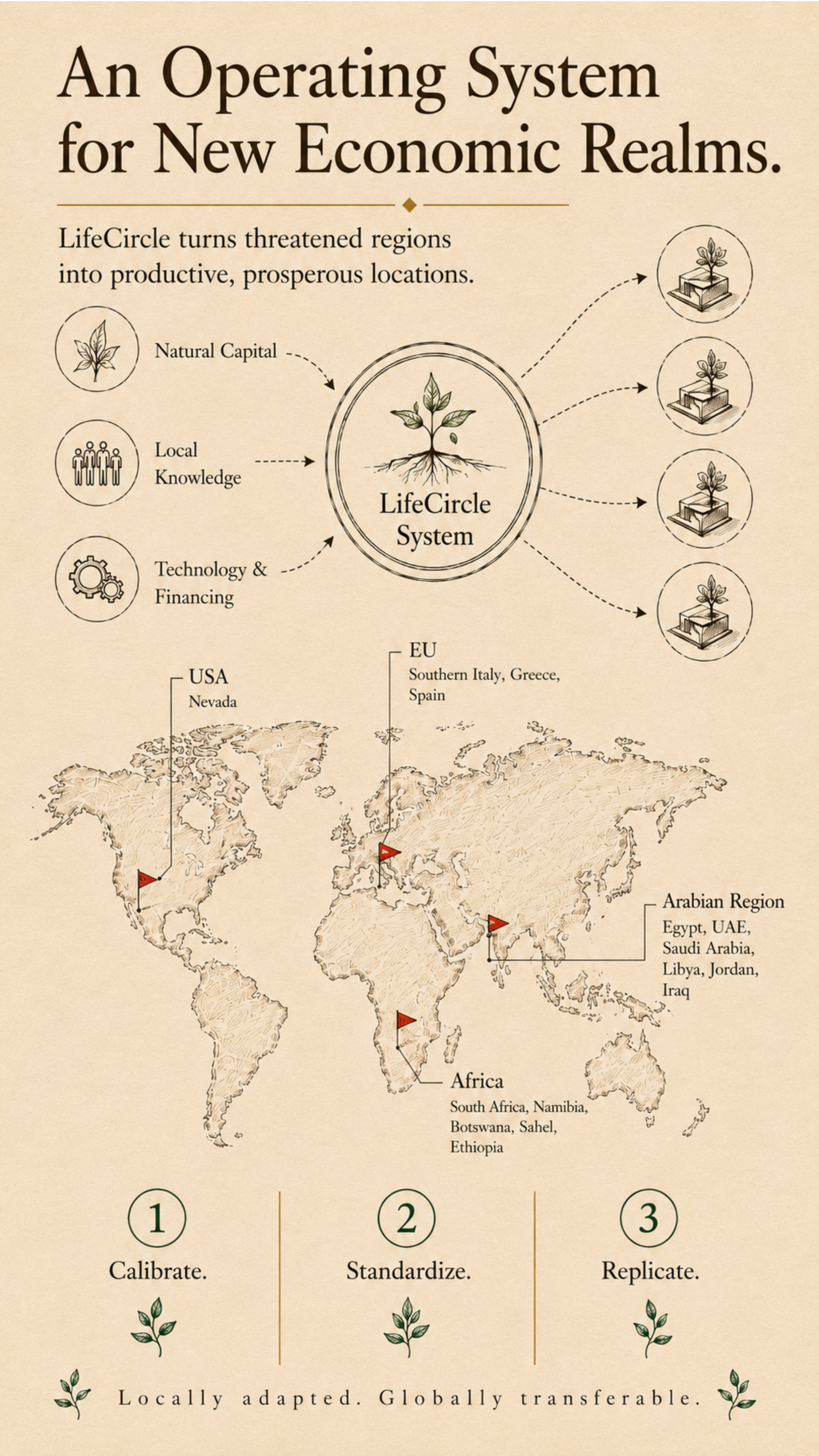 LifeCircle system diagram with a world map of target regions