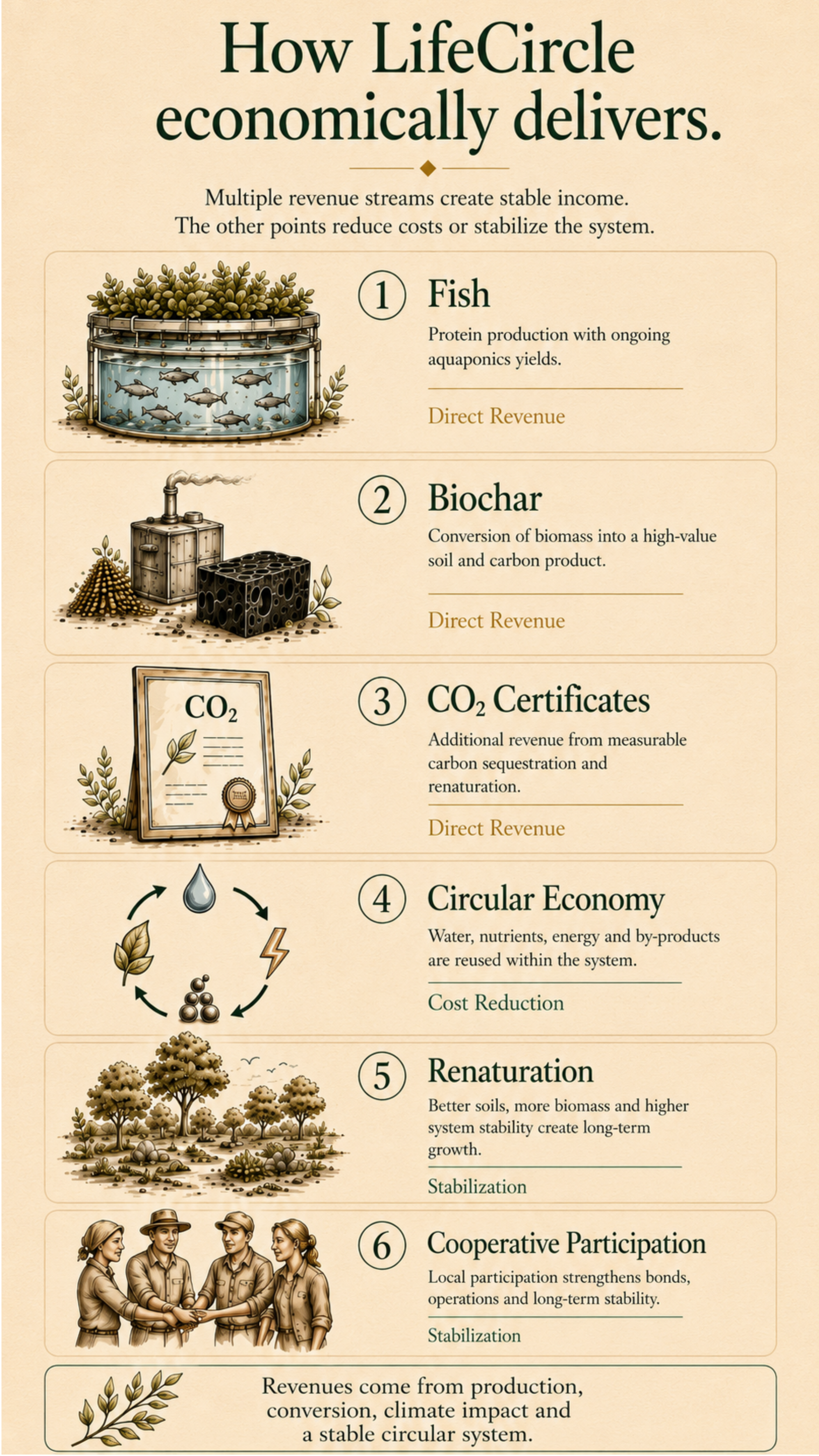 Six revenue streams: fish, biochar, CO₂ certificates, circular economy, renaturation and cooperative participation